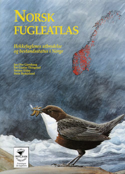 Forsiden av boken Norsk Fugleatlas fra 1994 med bilde av fossekall