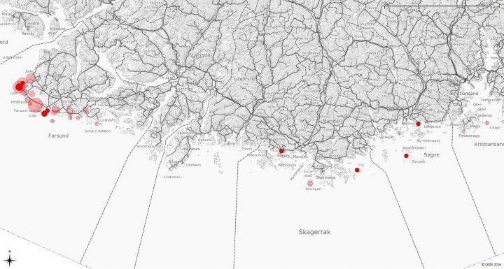 Forekomst av gravand i 2016