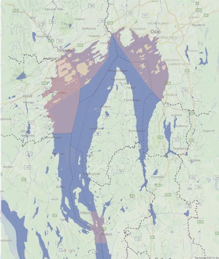 Kart over jaktforbudsoner i indre Oslofjord