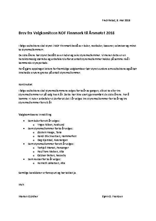 Brev fra valkkomiteen NOF Finnmark Brev fra valkkomiteen NOF Finnmark