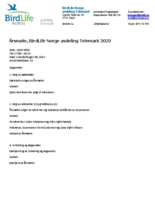 Årsmøteprotokoll 2023 BirdLife Telemark