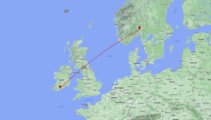 Flyrute fiskemåke Oslo–Cork Flyrute fiskemåke Oslo–Cork